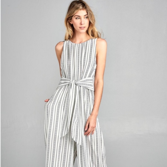 Cotton Bleu Pants - Cotton Bleu Black and White Striped Jumpsuit